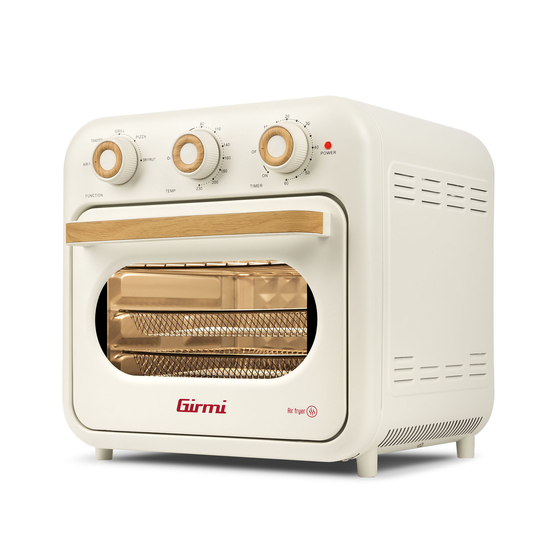 Horno Air Fryer Girmi FG29 de 22 litros con ventilador de aire caliente y resistencia halógena, para una cocción rápida y un menor consumo de energía en la cocina.
